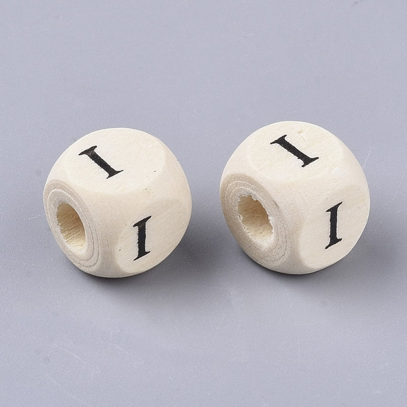 Printed Natural Wood Beads Horizontal Hole Cube with Initial Letter PapayaWhip Letter I 10x10x10mm Hole: 3.5mm about 950~1000pcs/500g