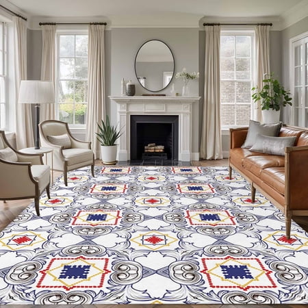 5x7 Washable Area Rug Vintage Flowers Non-Slip Large Rectangle Rug for Living Room Bedroom Gradient Lattice Lines Texture Indoor Floor Mat for Home Decor