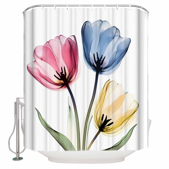 72x78 Inch Shower Curtain Watercolor Tulip Bathroom Decor Waterproof Fabric Bathtub Bath Curtains Decorative Colorful Floral Wildflower Retro White Extra Long Shower Curtain Set with Hooks