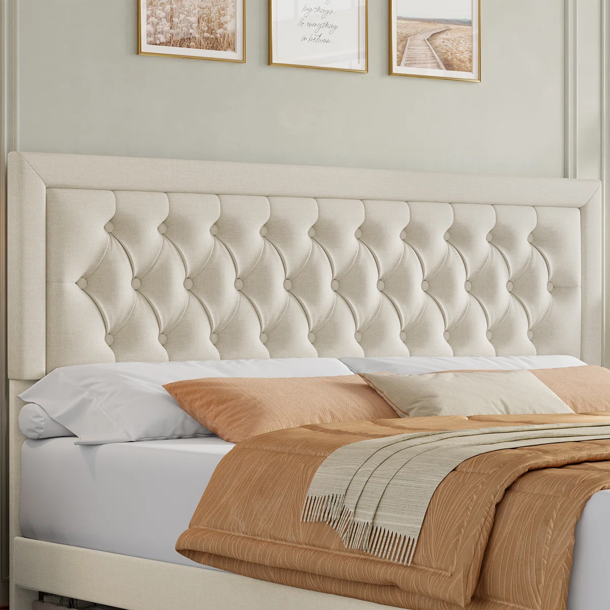 Homfa Full Size Bed Frame with Storage, Linen Upholstered Platform Bed with 2 Storage Drawers & Adjustable Button Headboard, Beige