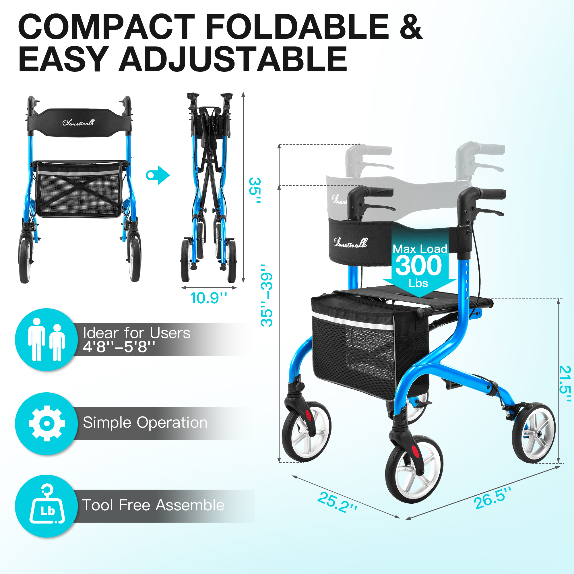 PLANET WALK Super Lightweight Rollator for Seniors, Foldable with Seat & 8" All-Terrain Wheels, Durable Aluminum Frame for Travel - Blue