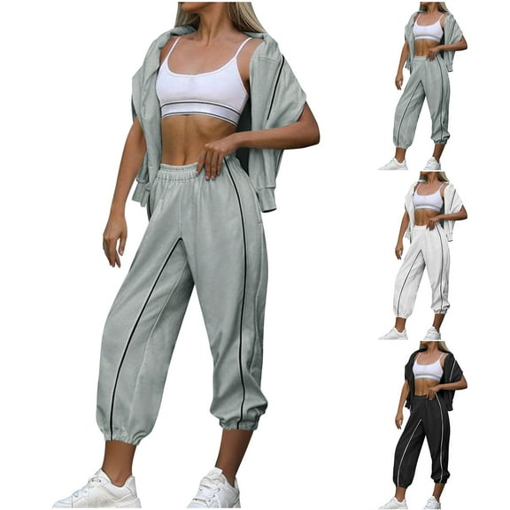 THDHVS Workout Sets for Women,Plus Size Fashion,Women's Tracksuit Set 2 Piece Sweatsuit Outfits Long Sleeve Zip Up Lounge Jogger Set with Pocket White L