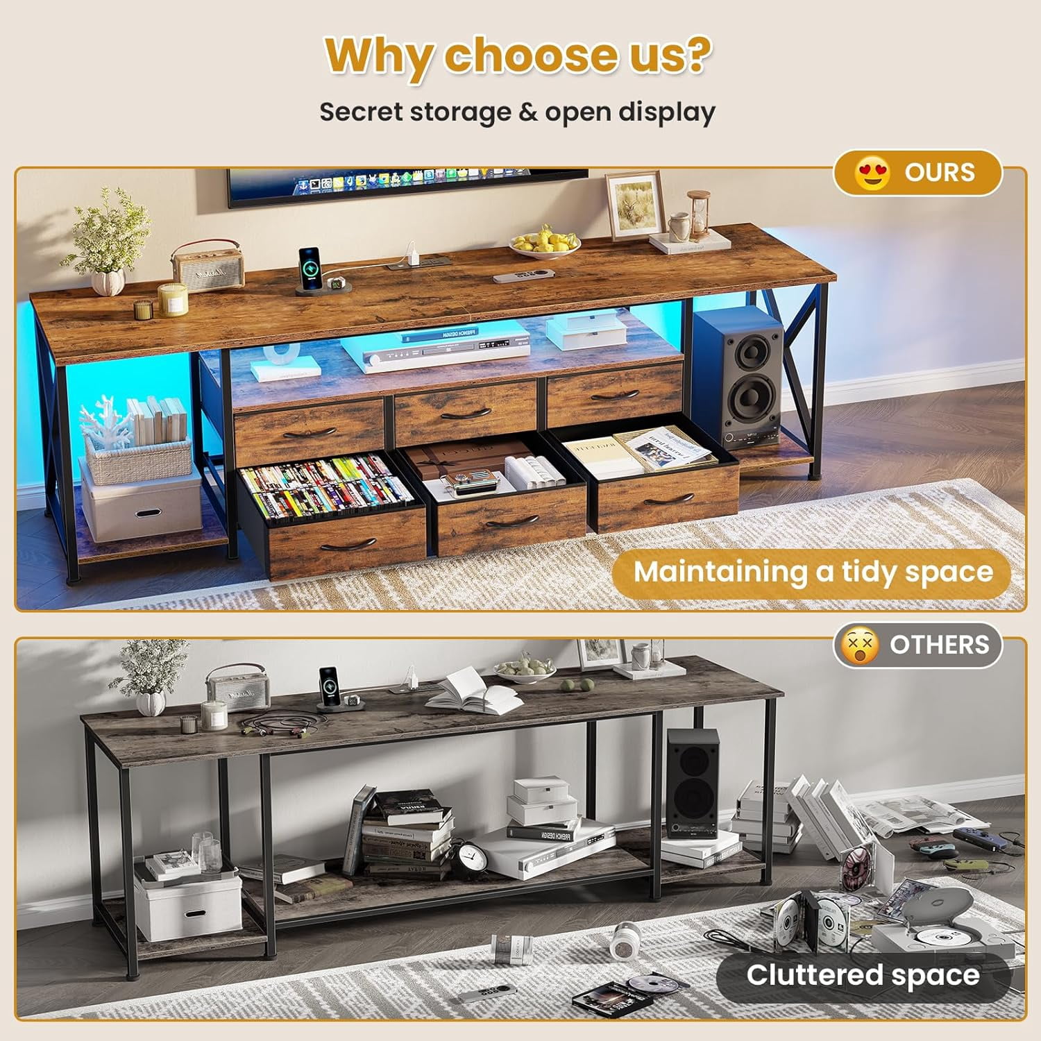 Afuhokles TV Stand for 80 Inches TV, Entertainment Center with LED Lights and Power Outlets, 6 Fabric Drawers, Rustic Brown
