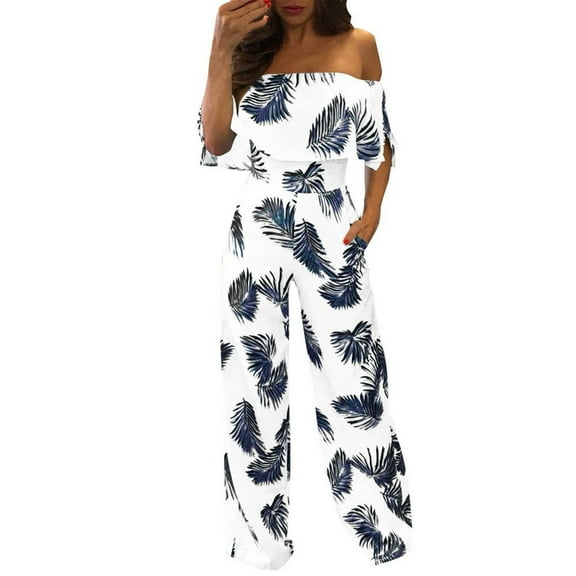 Baqcunre Jumpsuits for Women Women Casual Off Shoulder Floral Leaf Printed Sparkly Capelet Loose Playsuit Jumpsuits for Women Dressy One Piece Jumpsuits for Women