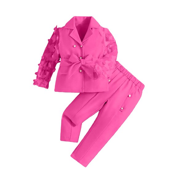 CPNG Toddler Girls Fashion Suit Set Wear 2 Piece Outfits Mesh Sheer Sleeve Button Blazer and Pants Set with Bow Belt(Hot Pink,5 Years)