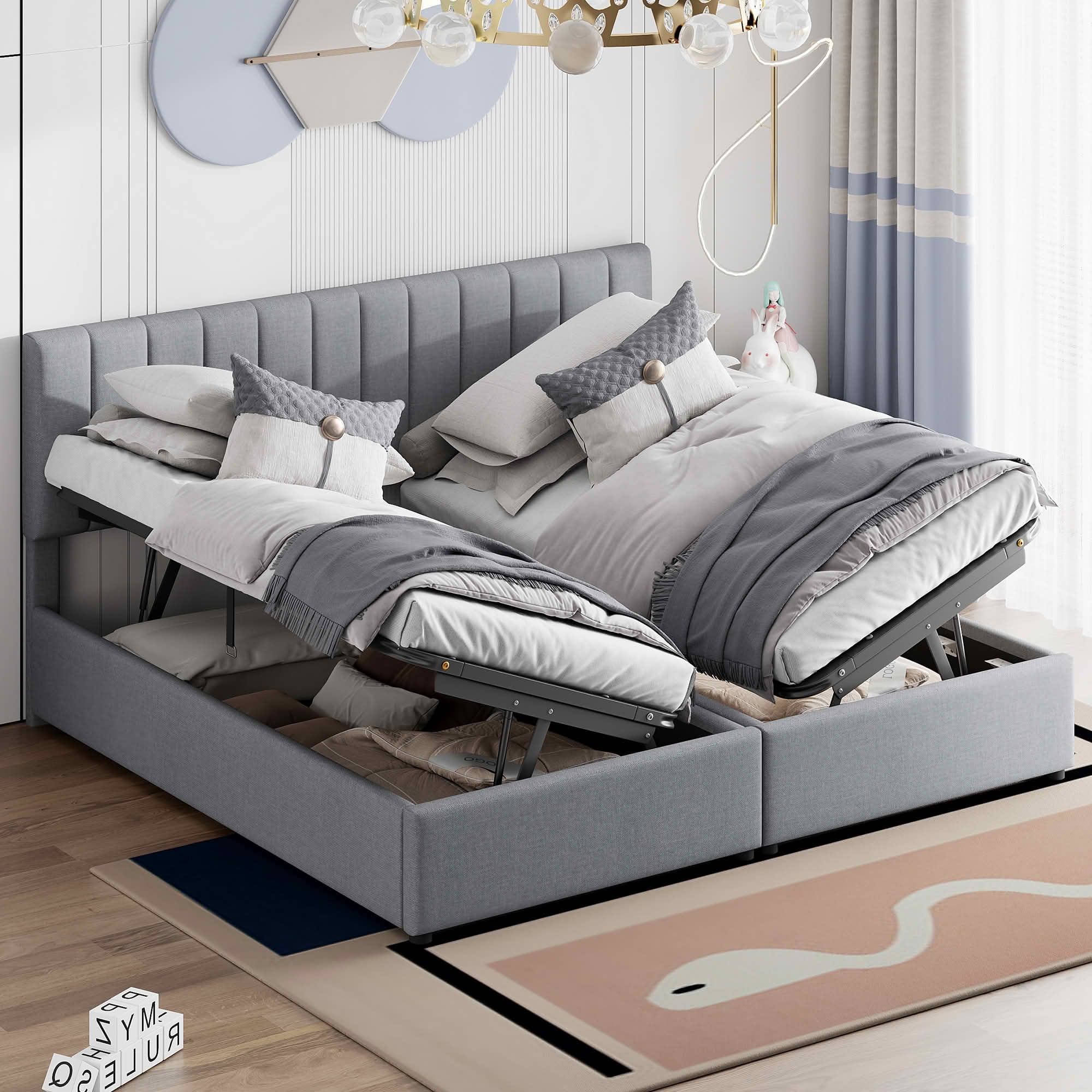 MAYEERTY King Size Upholstered Platform Bed with Vertical Stripe Headboard & Spacious Underbed Storage, Sturdy Frame