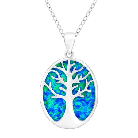 Tree of Love Created Blue Opal Cutout Pendant Necklace in Sterling Silver