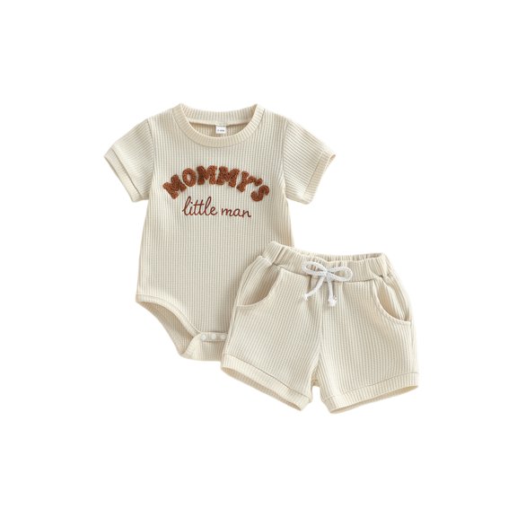 BemeyourBBs Newborn Baby Boy Mommy's Little Man Outfit Cute Infant Summer Clothes Waffle Knit Letter Embroidery Short Sleeve Romper Shorts 2 Piece Clothing Set