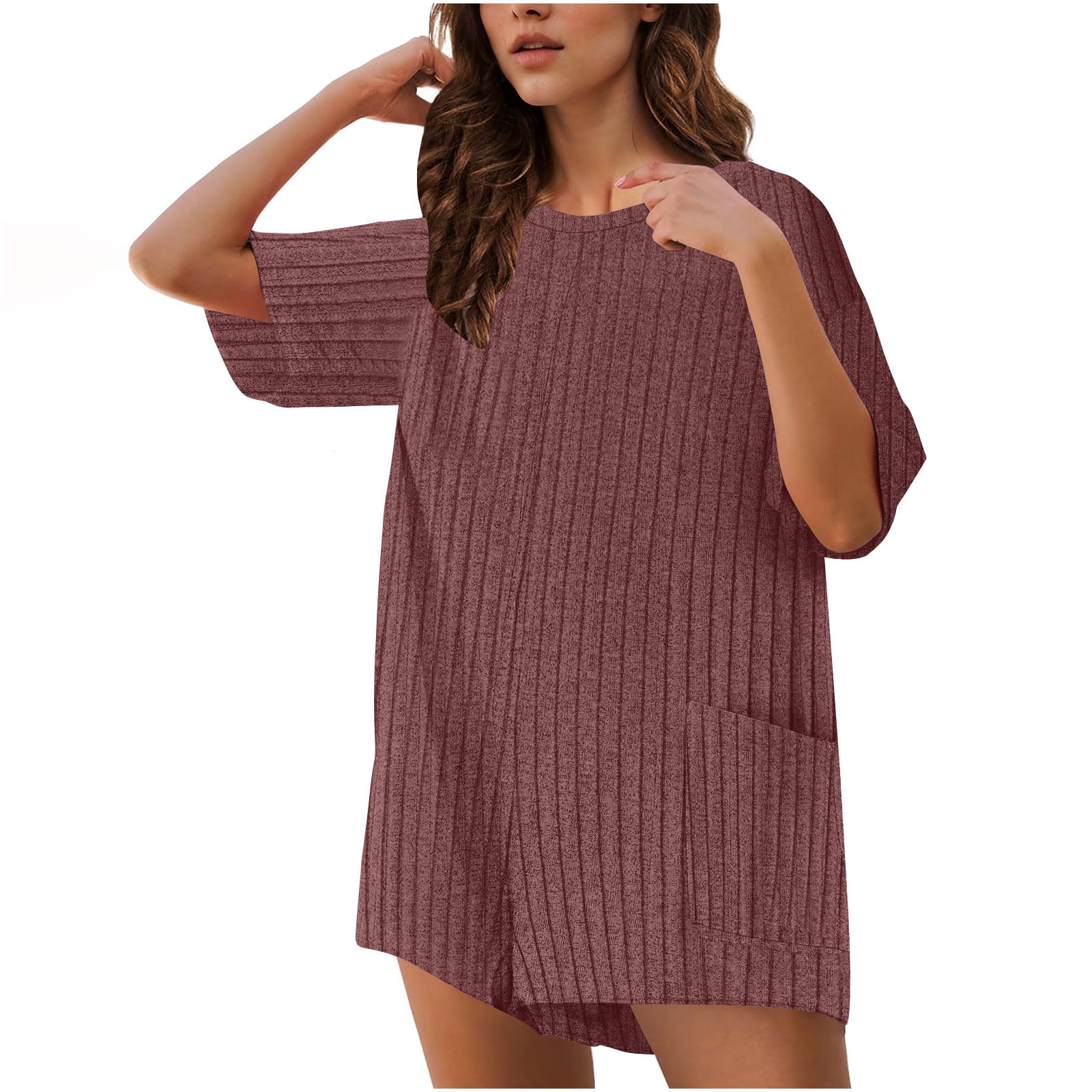 Feancey Oversized Rompers for Women Plus Size Trendy Knitted Jumpsuits Business Casual Short Sleeve Overalls Solid Color Loose One Piece Romper with Pockets Pink S