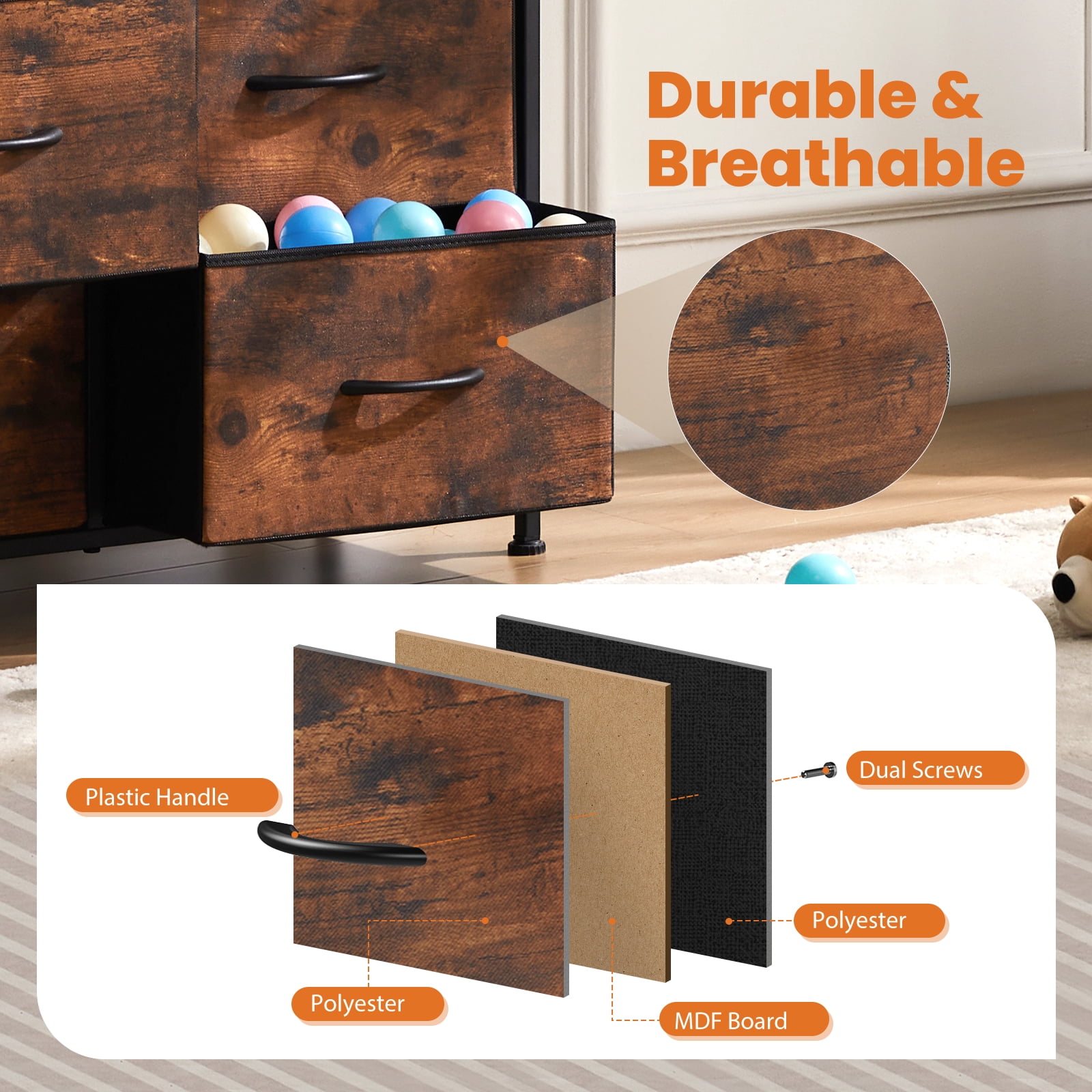 Gianna 9 Drawers Dresser, Large Capacity Organizer, Suit for Bedroom, Hallway, Rustic Brown