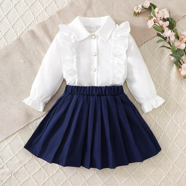 Conjunto de falda y top de encaje de color liso de manga larga para niña + falda plisada estilo escolar para niñas pequeñas y preescolares.