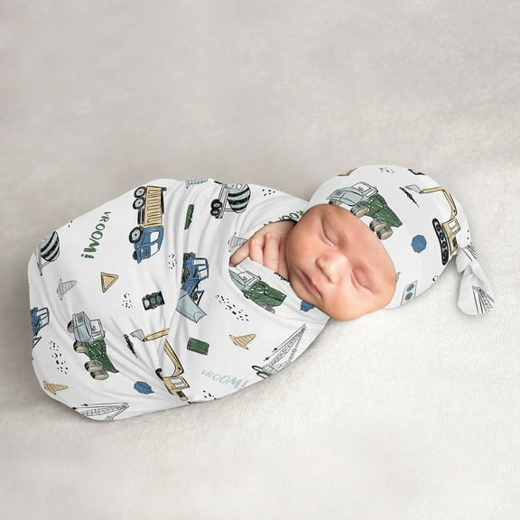 Sweet Jojo Designs Construction Truck Green Blue and White Baby Cocoon and Beanie Hat Sleep Sack 2 Piece Set
