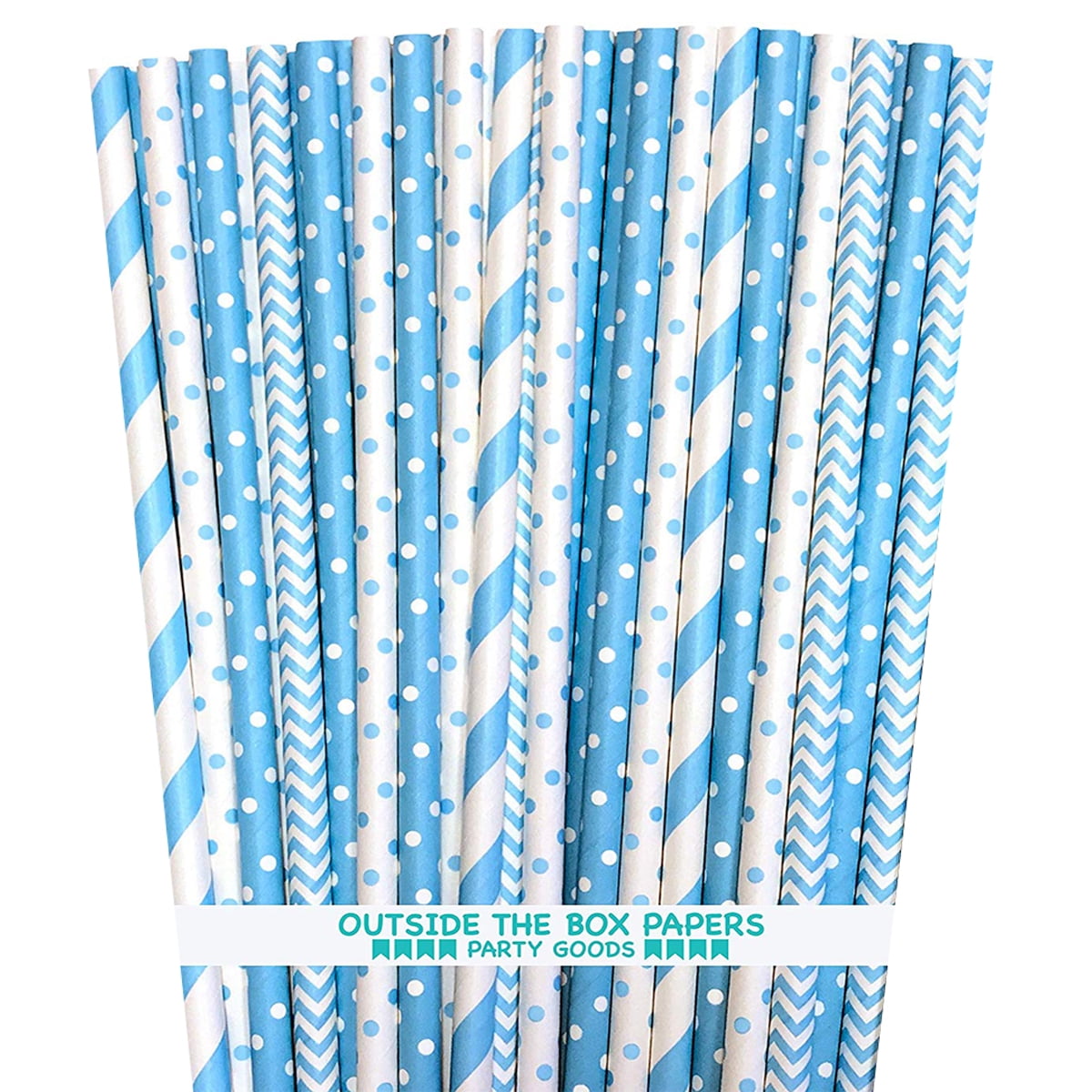 Photo 1 of 100 Light Blue Stripe, Chevron and Polka Dot Paper Straws