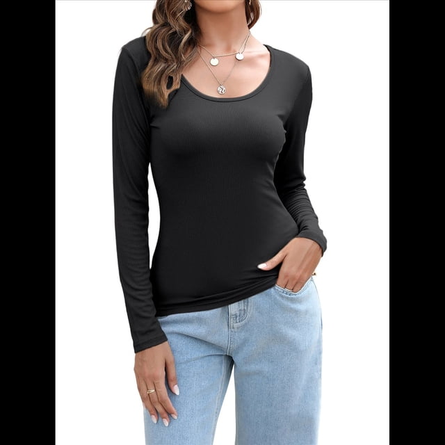 Camiseta de Cuello en U para Mujer, Camiseta de Larga de Color Liso, Suave, Elástica, Ropa Informal, Básica Negro XXL
