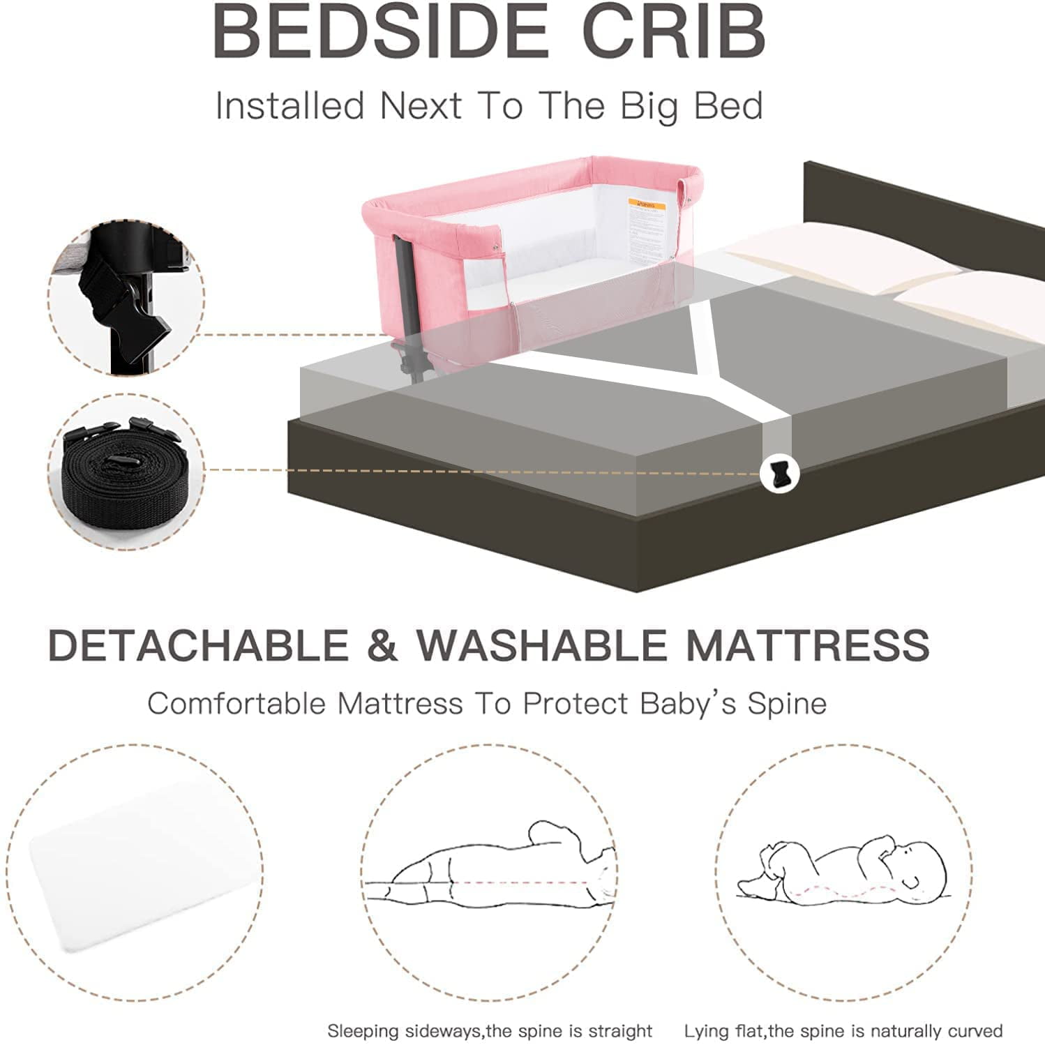 Nordmiex Baby Bassinet 3 in 1 Adjustable Bedside Sleeper Bed for Infant Baby with Breathable Net, Pink