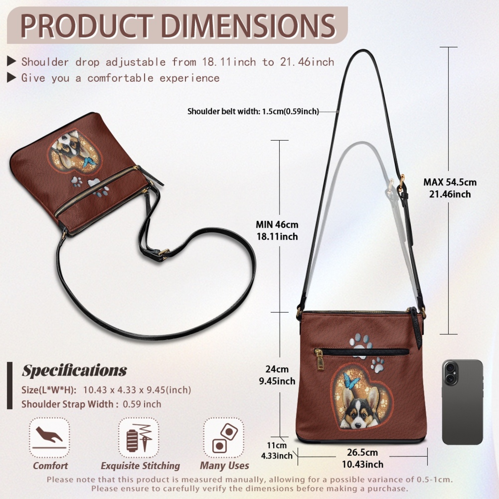 LedBack Corgi Print Leather Shoulder Handbag for Women, Crossbody Sling Hobo Bag Satchel Handbag with Adjustable Strap Casual Messenger Bag for Travel Work, Brown