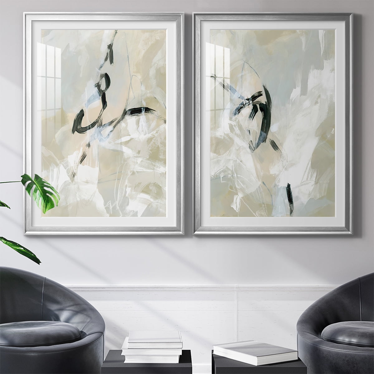 Wexford Home Scribble Veil I Premium Framed Print, 22.5" x 30.5" - Ready to Hang, Silver (Set of 2)