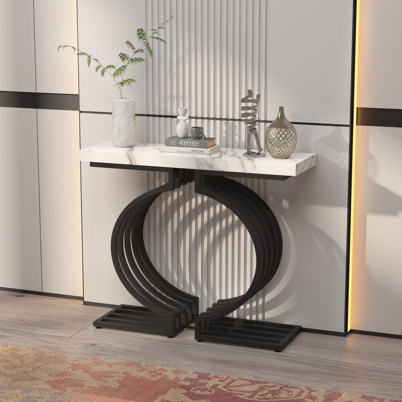 PAKASEPT White Marble Console Tables with Black Base, 40 inch Narrow