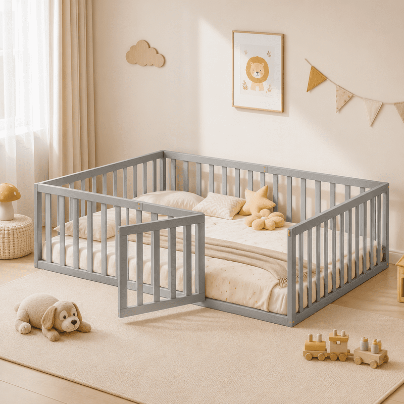 Queen Size Floor Bed Montessori Bed with Fence Guardrails and Door, Wooden Toddler Bed Playhouse Bed Platforn Bed for Boys Girls, No Slats