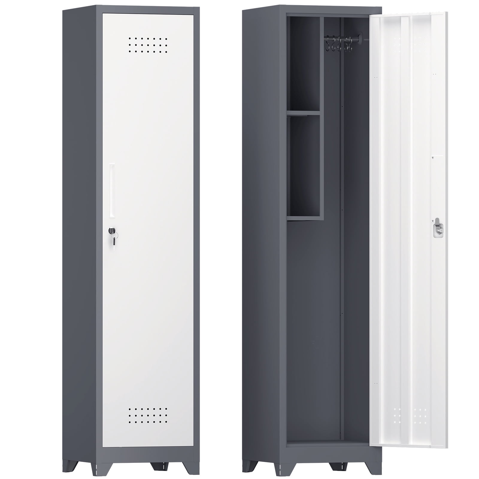 Slim Broom Storage Cabinet with Locking Door,65" Narrow Metal Cabinet with Shelves,Heavy-Duty Bathroom Storage Cabinet for Kitchen,Pantry,Office,Shop,Garage,1pcs,White+Grey