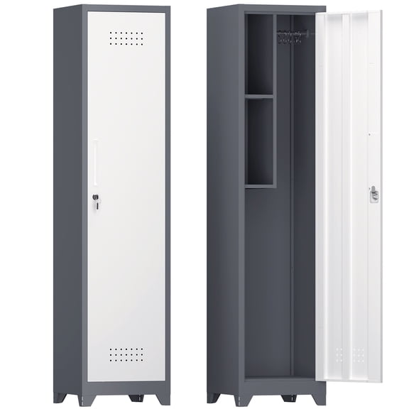 White Gray 65 in. H Metal Broom Closet Storage Cabinets, Narrow Cabinet with Hooks and Shelves Tall Laundry Room Cabinet
