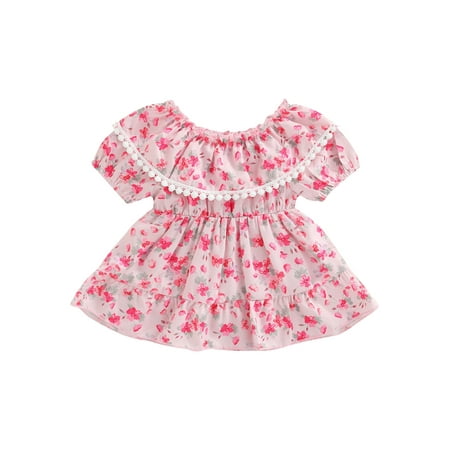 

Newborn Baby Girl Short Sleeve Dress Floral Printed Ruffles Neck Small Hairball Decor Sweet Style Dress