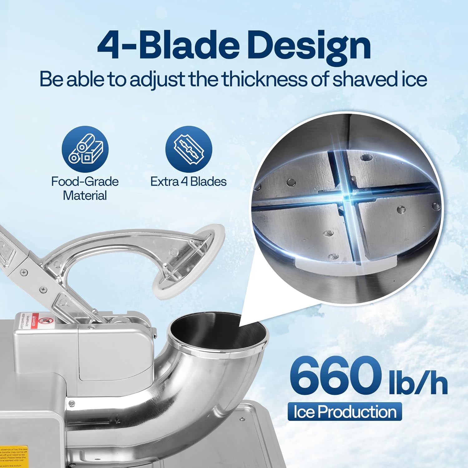 SPECSTAR Commercial Ice Crusher Shaver with Four Blades, Electric Snow Cone Maker Machine, 350W Shaved Ice Machine with Safety Switch for Both Home and Commercial Use, 660lbs/hr
