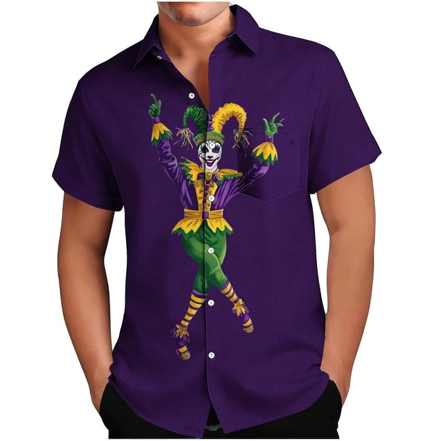 Mens Casual Botón Arriba Camisas Manga Corta Festival de Carnaval Impreso Cuello Cubano Top de Verano, Camisas de Manga Corta Botón de Lino para Hombre