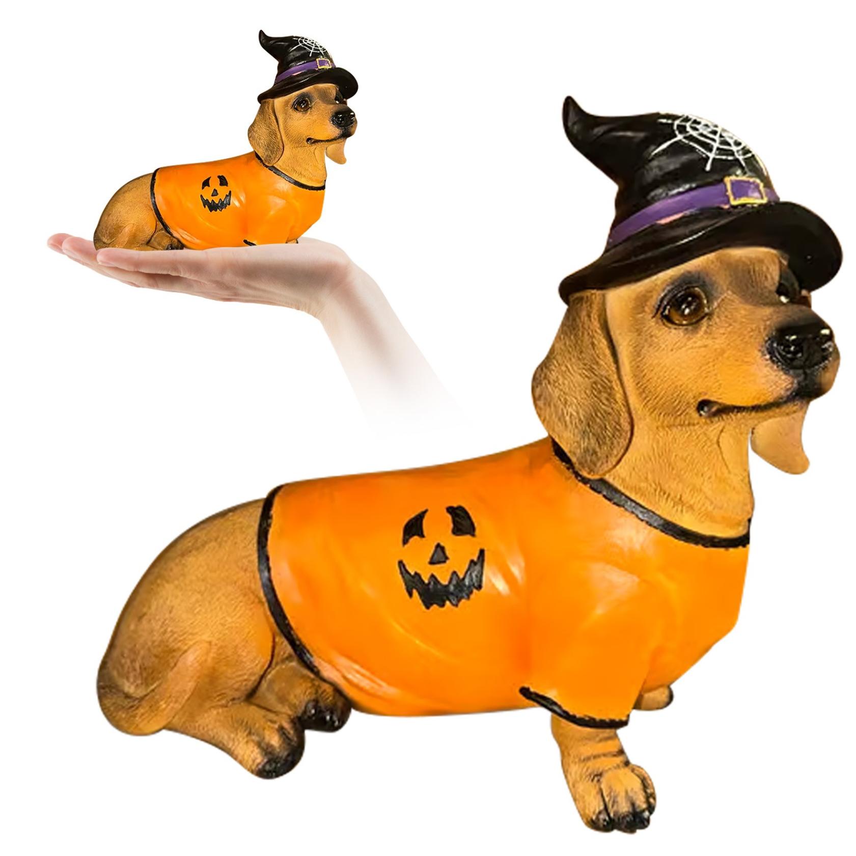 Halloween Dachshundasg Decor Statue with Witch Hat & Pumpkin Sweater Design, Dachshundasg Garden Statues, Yard & Indoor Party, Cute Sitting Dog Sculpture, Halloween Ornaments Decorations(Orange)