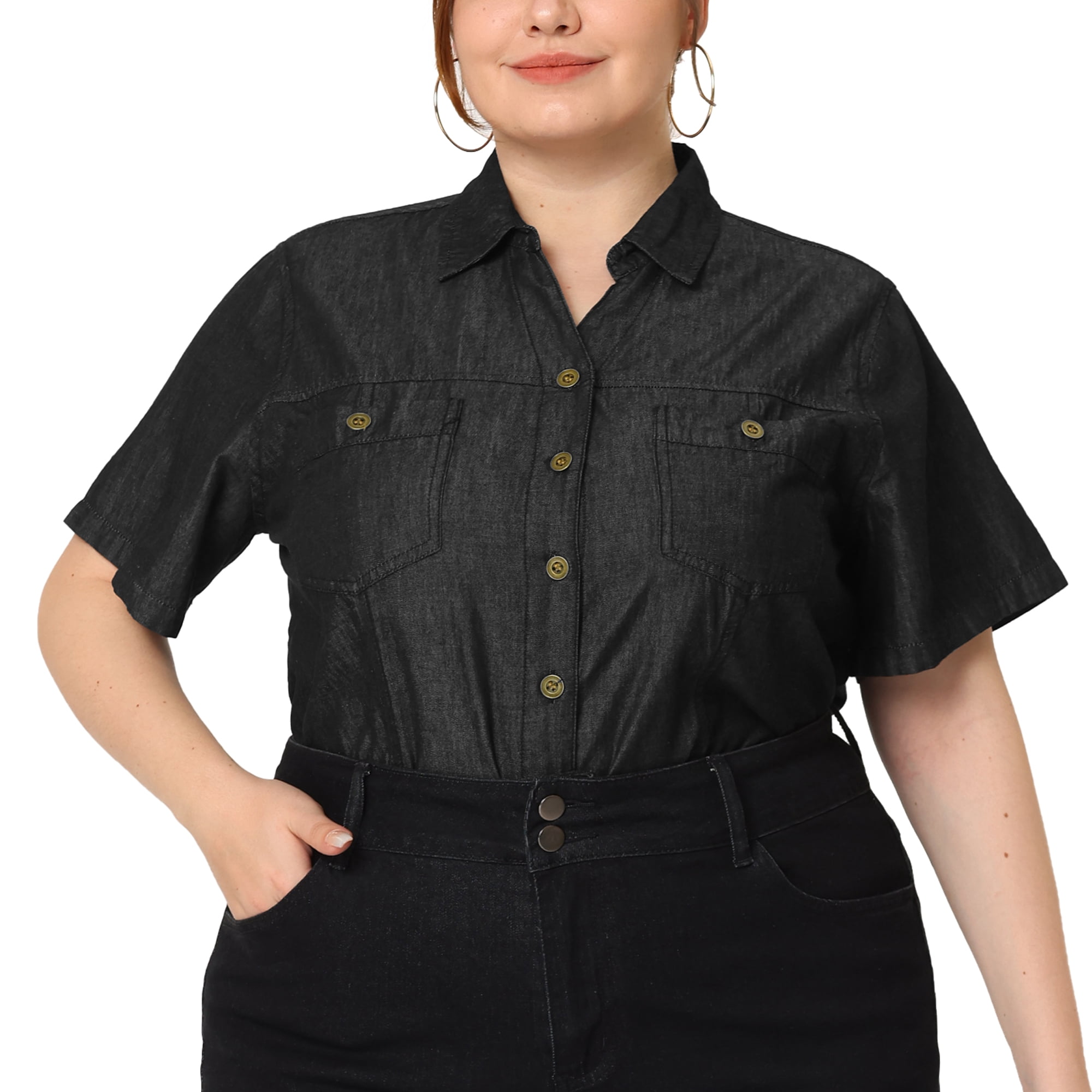 DARING DIVA Women's Plus Blouse Chest Pocket Button Down Demin Shirt 3X Black