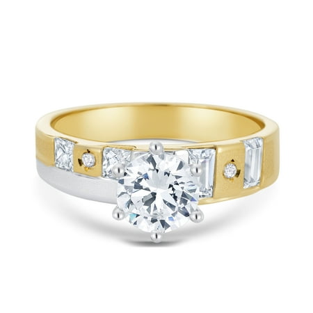 14K Two Tone Solid Gold 1 Ct. Round Cut Solitaire Cubic Zirconia CZ Wedding - ENGAGEMENT RING ONLY - size 6