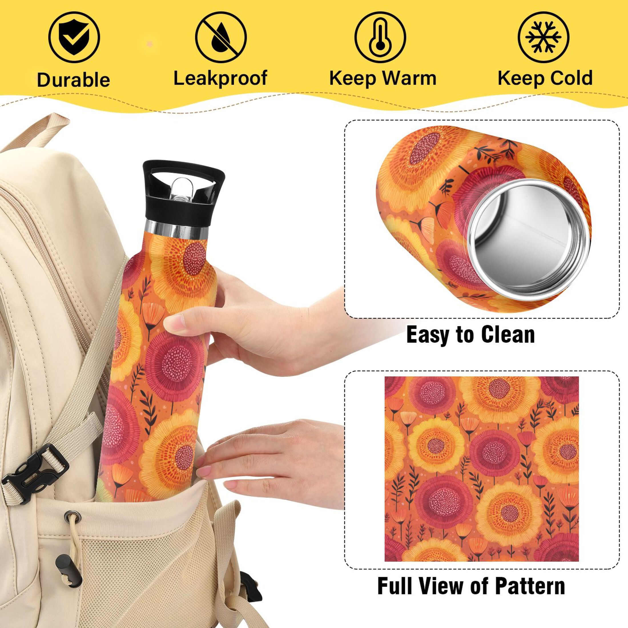 600ML Stainless Steel Insulated Cup Sports Water Bottle Portable Thermos Cup Water Glasses Insulated Tumblers Convenient and Durable Lovely Suns
