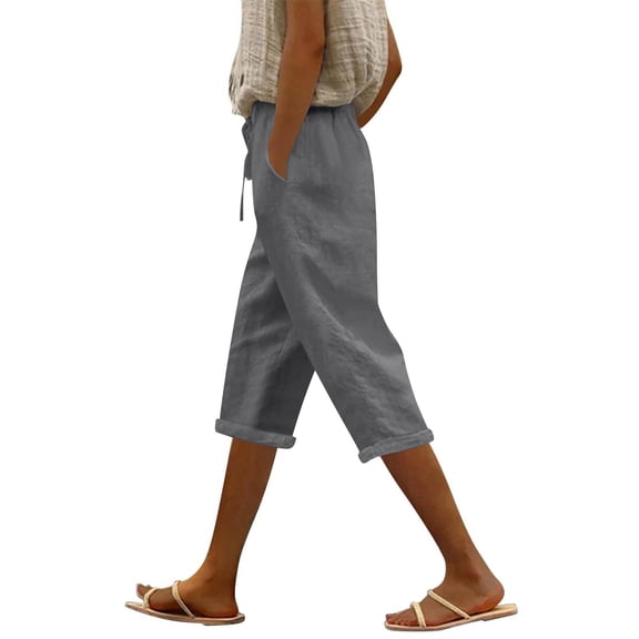 MLQIDK Linen Capri Pants for Women Dressy Casual Lounge Pant Knee Length Elastic Waist Trendy Summer Pedal Pushers with Pockets Gray XL