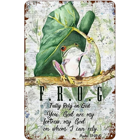 Vintage Frog Fully Rely on God Metal Tin Wall Sign, Farmhouse Home Décor for Living Room, Kitchen, Dining Room, Bedroom, 8" x 12"