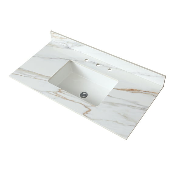 43 Inch Marble Vanity Top, Bathroom Vanity Top with Undermount Rectangular Middle Sink and 4" Height Backsplash, Pre-Drilled 8 Inch Faucet Hole Spread Vanity Top