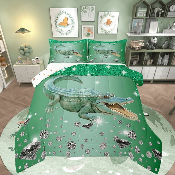 Crocodile Comforter Set Green Sequin Fluid Art Twin Bedding Sets,Crystal Diamond Bed Set Nautical Sea Animal Duvet Set,Coastal Creature Ocean Decor