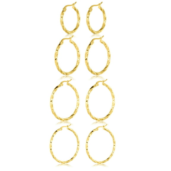 JeenMata 4 Pairs Textured Four Pairs Hoop Earrings in Yellow Gold Plating - Dangle Hoop Earrings - Multipack Jewelry