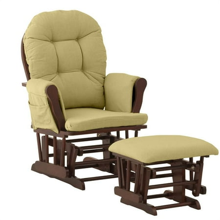 Glider & Ottoman in Cherry Finish with Green Chenille Cushion