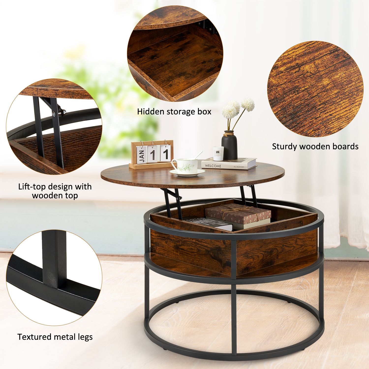 Behost Round Lift Top Coffee Table with Storage, Industrial Wood Coffee ...