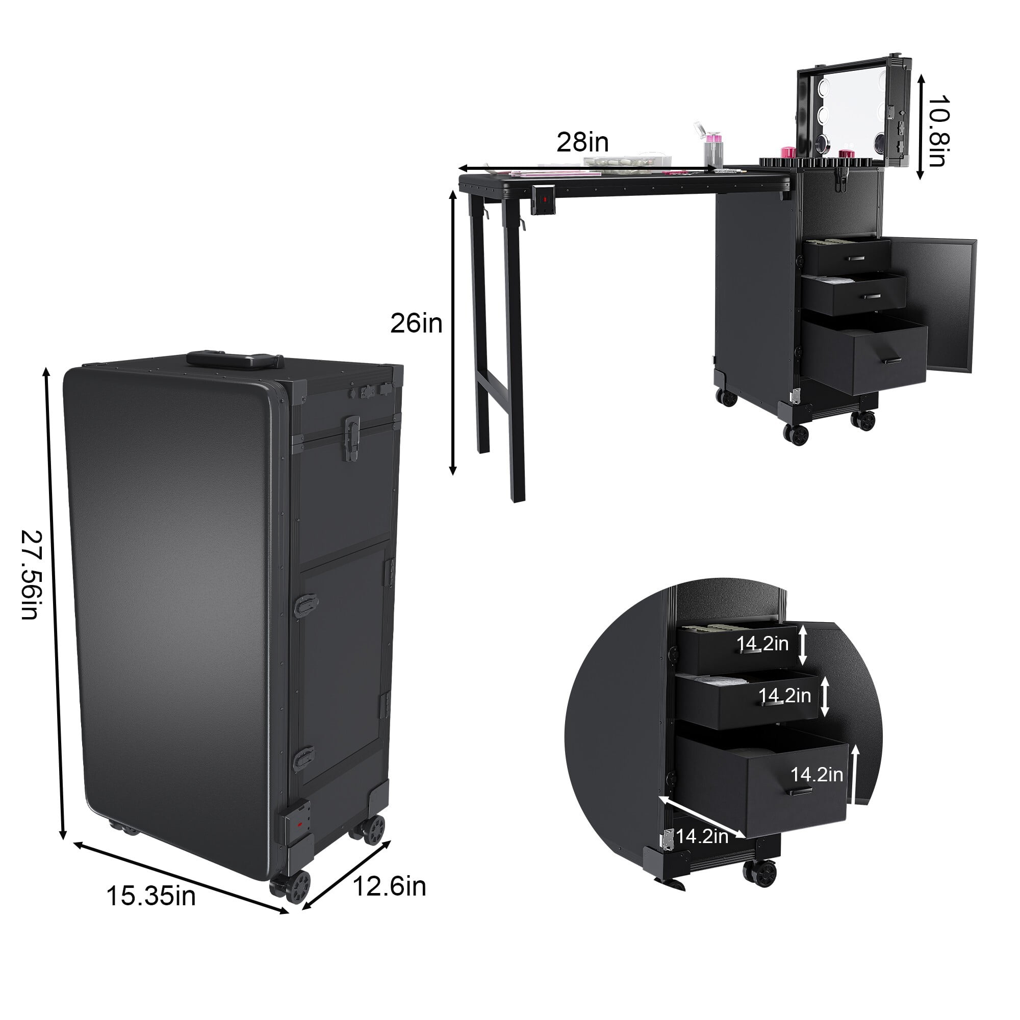 AENKYO All-in-One Portable Nail Table w/ LED Mirror, Bluetooth Speaker, Drawers | Salon & Home Manicure Station, Black