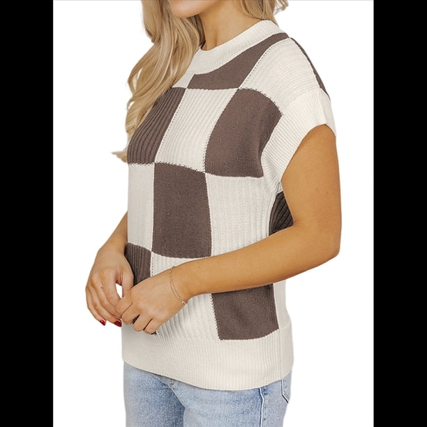 Suéter de Corta para Mujer, Cuello Redondo, Color Block, Tejido, Chaleco de Otoño, Moderno Suéter de Corta. Caqui L
