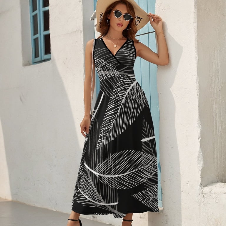 Maxi Dress White Leaf Dress Plant Print Modern V Neck Custom Bohemia Long Dresses  Aesthetic Oversized Vestidos - Walmart.com