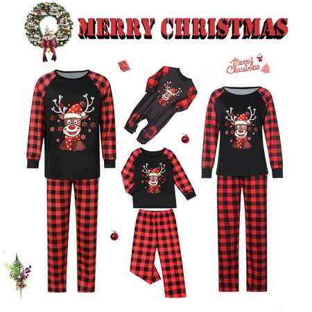 

Christmas Family Matching Pajamas Set Elk Tops+Plaid Pants Xmas Holiday Loungewear Sleepwear Pjs Set for Adult Kids Baby