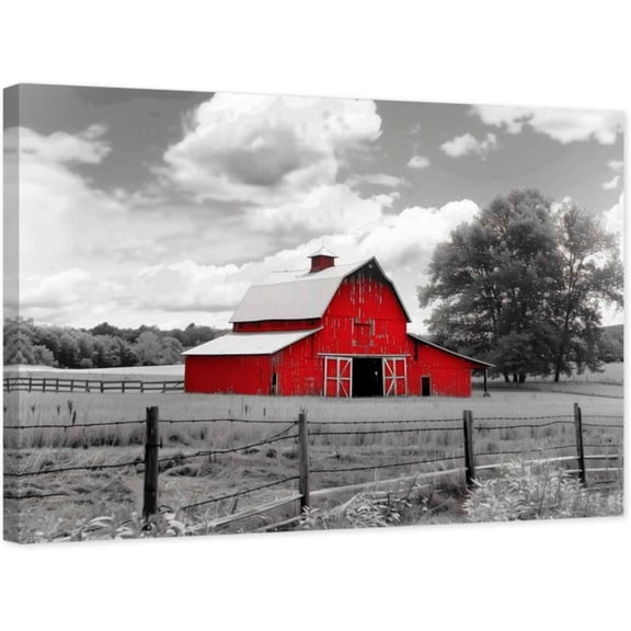 ZHONGYUTONG Red Barn Canvas Wall Art Farmhouse Black and White Pictures Country Rustic Farm Painting for Bathroom Bedroom Decor Framed (12.00" x 18.00")