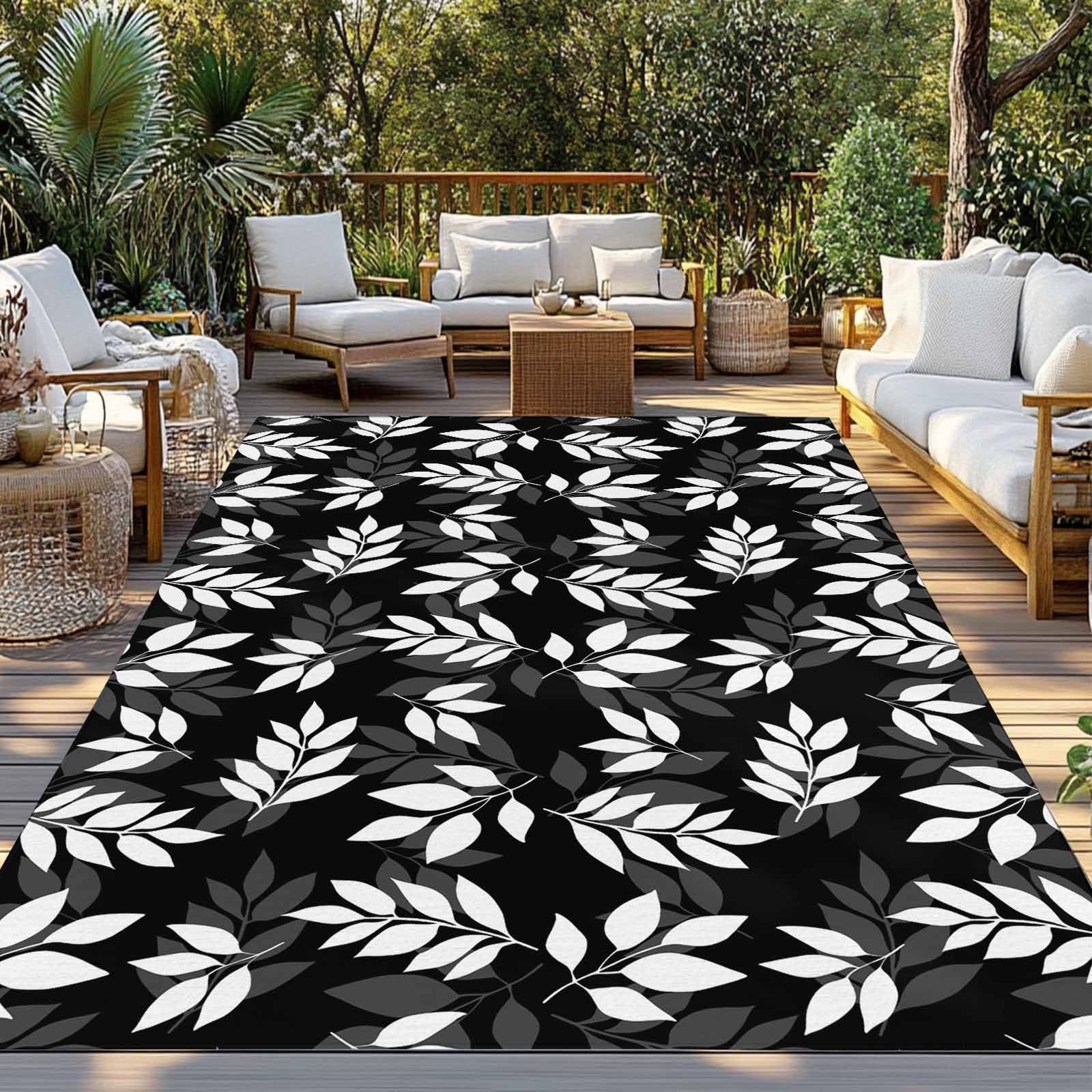 White Leaves Outdoor Rug 5x8 Ft - Reversible Patio Rug Outdoor Camping Rugs, Black Vintage Spring Botanical Leaf Plants Indoor Outdoor Area Rugs, Non-Slip Outdoor Carpet Runner for Deck/Porch