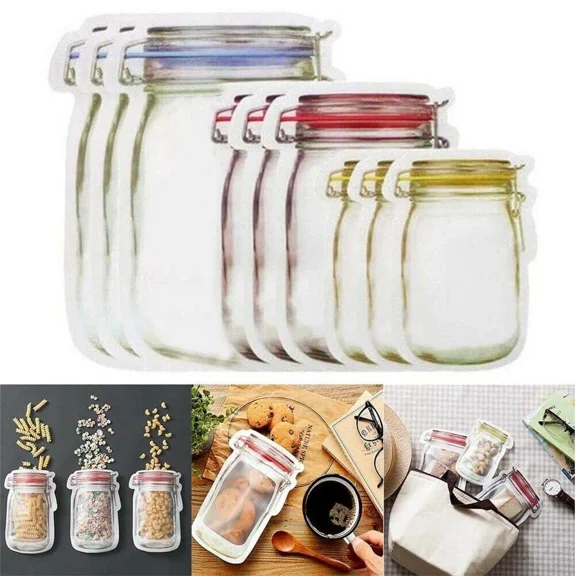 10X Mason Jar Bottles Bags Reusable Food Saver Storage Bags Snacks Zipper Sealed
