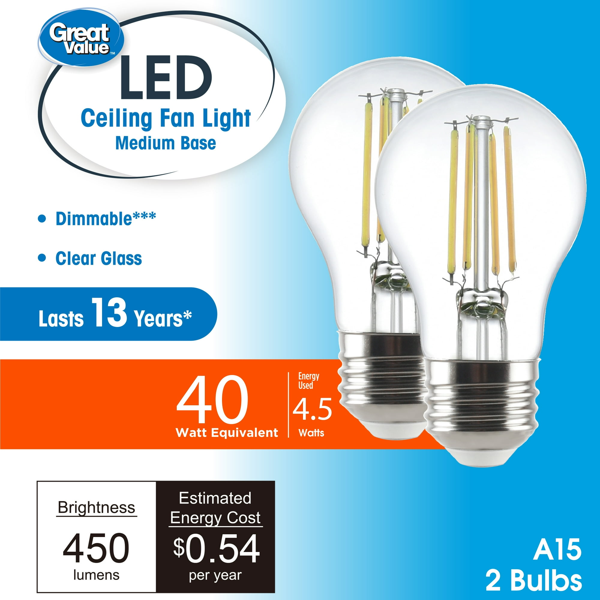 Great Value LED Ceiling Fan Bulb, A15 Shape, E26 Medium Base, Daylight 5000K, 4.5W (40W Equivalent), 2 Pack