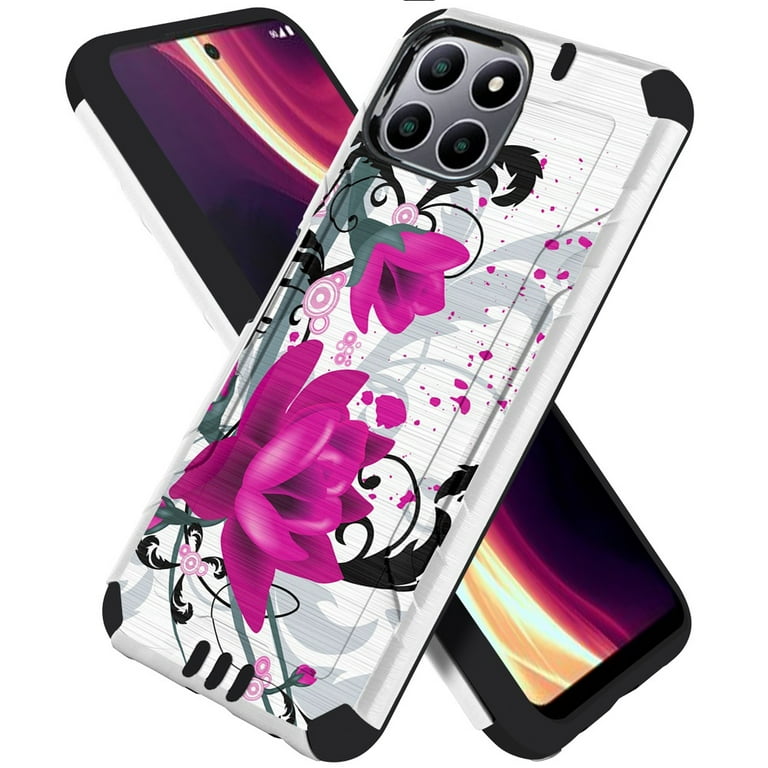 For Boost Mobile Celero 5G Plus 2023 Design Pattern Hybrid Dual Layer Metallic Brush Texture Shockproof Rubber Cover Xpm Phone Case Pink Roses