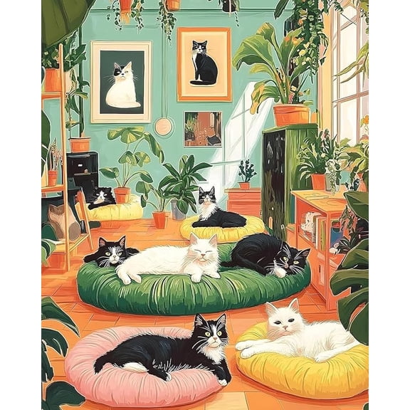 Cat Diamond Painting Kit for Adults - 12x16in Full Drill Round Diamond Art with Tools, Cute Indoor Cats & Plants Wall Decor for Beginners