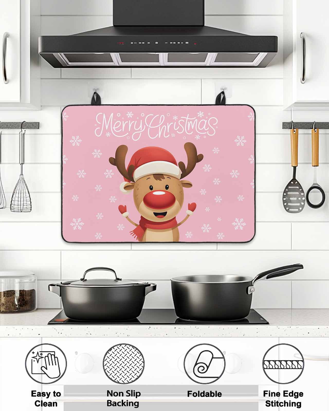 Stove Top Covers for Electric Stove, Merry Christmas Glass Stovetop Cover Protector, Pink Winter Xmas Hat Deer Snowflake Induction Cooktop Protector Oven Mat for Kitchen Countertop 24"x21"